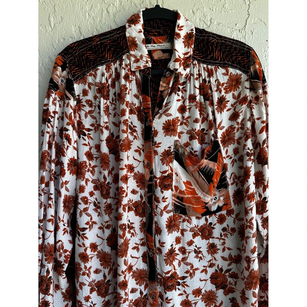We‎ The Free People Mixed Print Floral Tropical Tunic Shirt Women XS Oversize